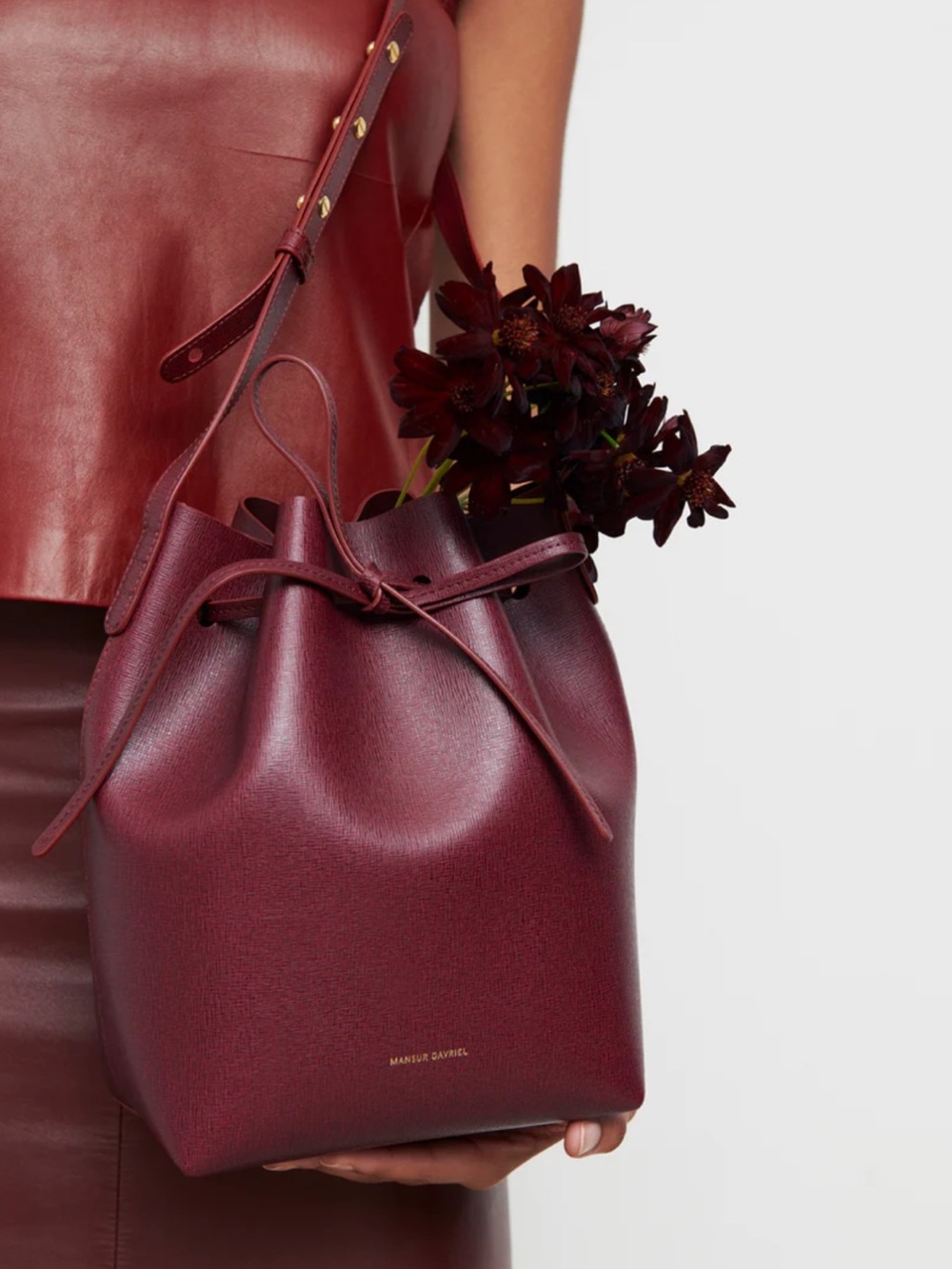 Mansur Gavriel Claret Red Textured Leather Mini Crossbody Bucket Bag - Picture 5 of 15